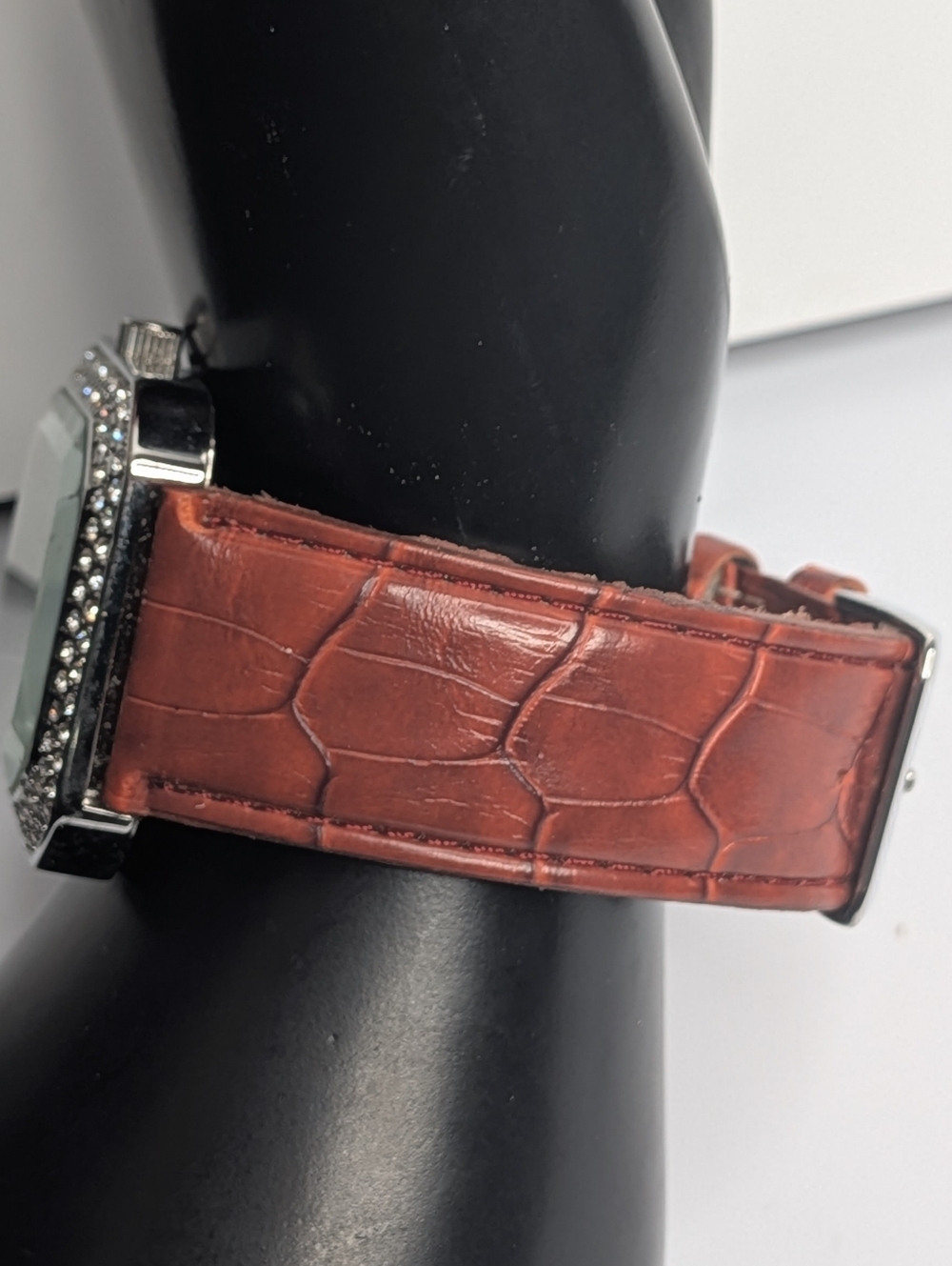 Vintage Activa Watch Swiss Rhinestone Crystal Bezel Brown Faux Croc Strap 30M - Picture 5 of 11